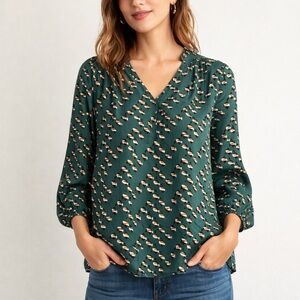 Ezra Bird Print Blouse Green Long Sleeve Boho Nature Top Whimsical Cottagecore